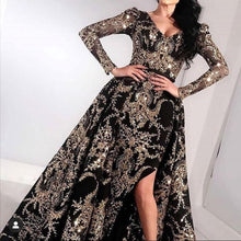 Load image into Gallery viewer, detachable skirt vintage prom dresses long sleeve sparkly black and gold prom gown robes