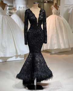 feather black evening dresses 2021 long sleeve mermaid modest lace applique elegant formal evening gown 2022