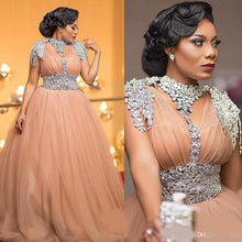 Load image into Gallery viewer, plus size prom dresses long a line dusty pink crystals beaded elegant prom gown with cap sleeve