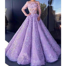 Load image into Gallery viewer, purple lace applique prom dresses ball gown vestido de graduacion beaded long sleeve elegant prom gown