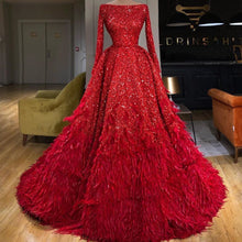 Load image into Gallery viewer, feather prom dress ball gowns red sparkly elegant long sleeve luxury prom gown vestidos de fiesta