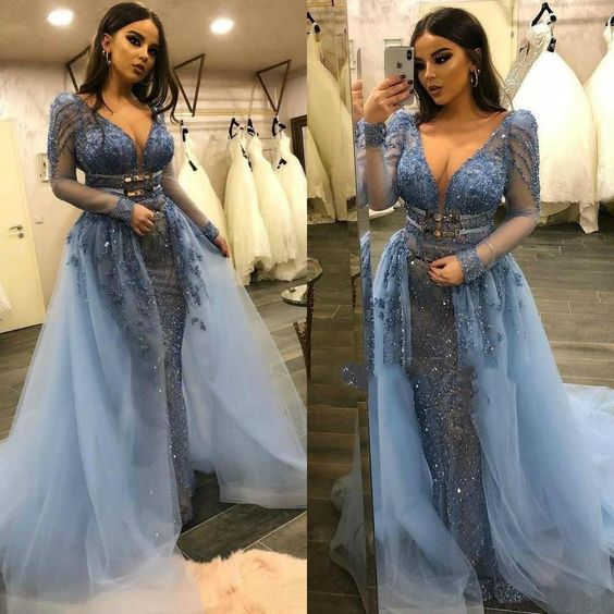 deep v neck luxury prom dresses with detachable skirt blue lace applique beaded elegant prom gown