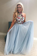 Load image into Gallery viewer, blue prom dresses long embroidery appliqué high neck elegant sleeveless prom gown robe de soiree