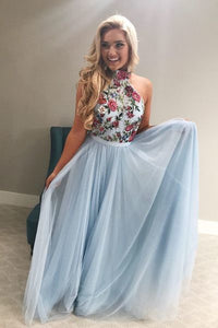 blue prom dresses long embroidery appliqué high neck elegant sleeveless prom gown robe de soiree