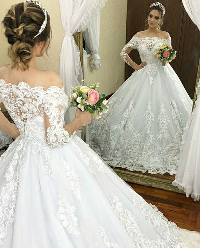 long sleeve elegant wedding dresses for bride Lace Applique boat neck romantic wedding ball gown