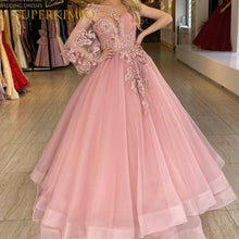 Load image into Gallery viewer, one shoulder pink prom dresses 2020 lace applique elegant tulle luxury senior prom gown 2021