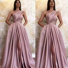 Load image into Gallery viewer, dusty pink prom dresses long robe de soiree 2020 one shoulder elegant a line satin prom gown 2021