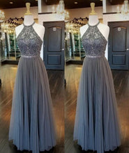 Load image into Gallery viewer, gray prom dresses long tulle beaded crystal elegant halter prom gown vestido de longo 2021