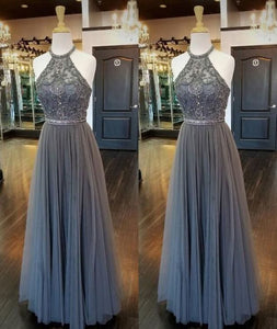 gray prom dresses long tulle beaded crystal elegant halter prom gown vestido de longo 2021