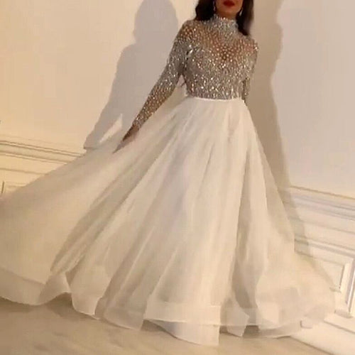 arabic prom dresses 2020 high neck beaded white tulle a line cheap prom gown 2021 robe de soiree