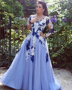 long sleeve blue prom dresses lace applique v neck a line tulle elegant cheap prom gown abendkleider 2021