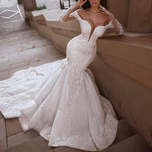 luxury mermaid wedding dresses for bride sparkly lace applique v neck modest wedding gown