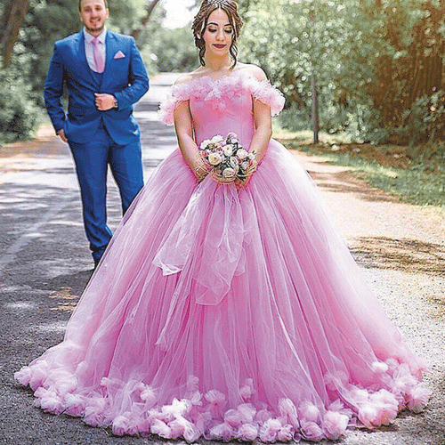 handmade flower pink wedding dresses for bride off the shoulder elegant cheap wedding ball gown