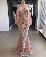 Load image into Gallery viewer, Dubai caftan pink evening dresses long lace appliqué mermaid elegant muslim evening gown
