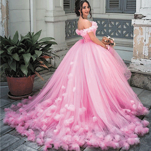 handmade flower pink wedding dresses for bride off the shoulder elegant cheap wedding ball gown
