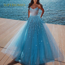 Load image into Gallery viewer, sexy prom dresses 2020 blue lace applique beaded elegant a-line prom gown 2021 vestido de fiesta