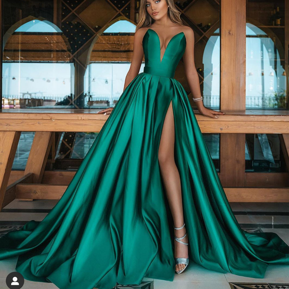 Emerald Green Satin A-line Long Simple Prom Dress - Xdressy
