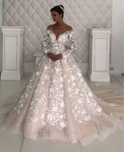 deep v neck champagne wedding dresses for bride boho Lace Applique 3d flower wedding gown