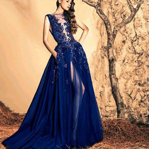 navy blue elegant prom dresses long lace applique beaded floral vintage prom gown robe de soiree