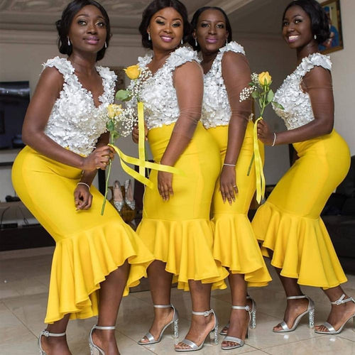 yellow bridesmaid dresses 2020 mermaid floral v neck African custom wedding party dresses 2021