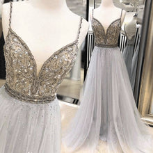 Load image into Gallery viewer, silver beaded prom dresses 2020 spaghetti straps crystals luxury sparkle elegant prom gown vestido Longo