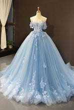 Load image into Gallery viewer, blue wedding dresses boho off the shoulder lace appliqué 3d flowers elegant ball gown wedding gowns