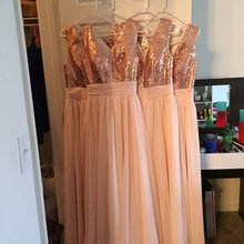 Load image into Gallery viewer, sparkly pink bridesmaid dresses long rose gold a line sleeveless v neck cheap wedding party dresses