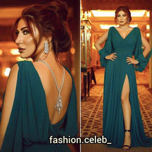 Load image into Gallery viewer, Dubai fashion green prom dresses long sleeve elegant v neck chiffon simple prom gowns 2021 robe de soiree 2022