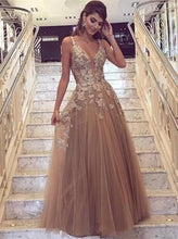 Load image into Gallery viewer, deep v neck champagne prom dresses 2021 elegant sleeveless a line tulle cheap prom gown