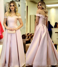 Load image into Gallery viewer, simple prom dresses long pink off the shoulder satin elegant cheap prom gown vestido de fiesta