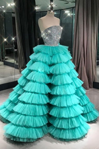 ball gown prom dresses 2020 turquoise blue beaded tiered sparkle luxury prom gown robe de soiree