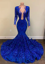 Load image into Gallery viewer, sparkly evening dresses long sleeve v neck sequin applique royal blue mermaid evening gown vestidos de fiesta