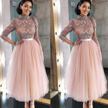 Load image into Gallery viewer, pink prom dresses ball gown high neck beaded crystals elegant short prom gown vestido de graduation