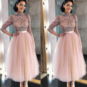 pink prom dresses ball gown high neck beaded crystals elegant short prom gown vestido de graduation