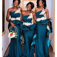 Load image into Gallery viewer, teal green bridesmaid dresses long mermaid one shoulder lace floral cheap wedding guest dresses