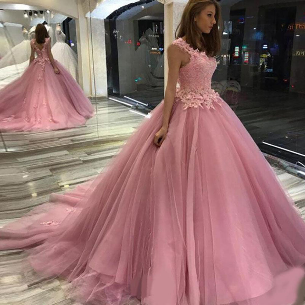 pageant dresses for women pink lace applique v neck cheap tulle prom gown vestido de fiesta 2021