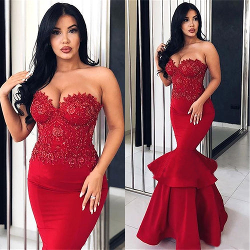 red evening dresses long tiered lace applique beaded mermaid elegant formal wear gown
