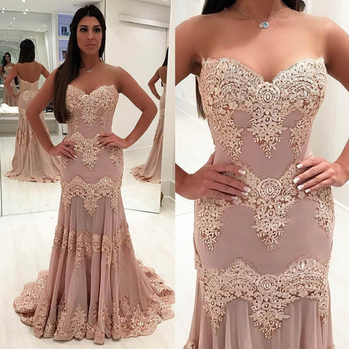 rose pink evening dresses long lace applique beaded mermaid modest elegant formal evening gown