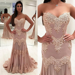 rose pink evening dresses long lace applique beaded mermaid modest elegant formal evening gown