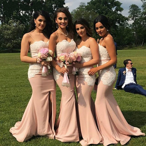 lace bridesmaid dresses long spaghetti strap mermaid rose pink elegant wedding guest dresses 2021