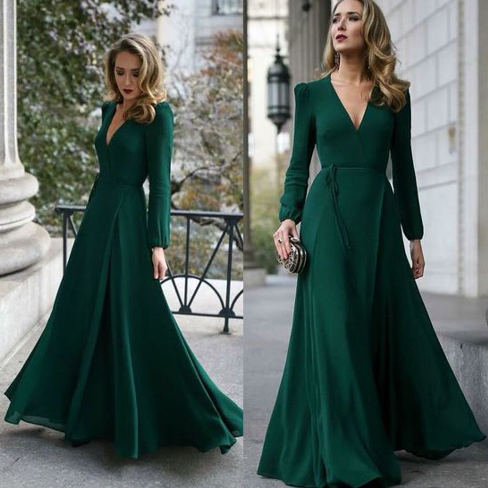 Opened Long Sleeve Satin Sage Green Evening Gown 7475SG – Sparkly Gowns