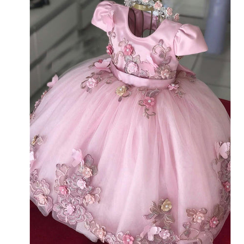 pink flower girl dresses for weddings cute 2020 3d flowers lace appliqué kids prom gown