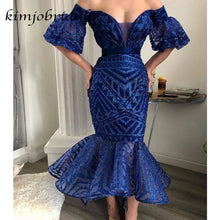 Load image into Gallery viewer, royal blue evening dresses short sparkle off the shoulder mermaid elegant evening gowns 2020