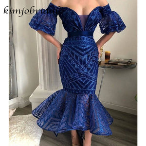royal blue evening dresses short sparkle off the shoulder mermaid elegant evening gowns 2020
