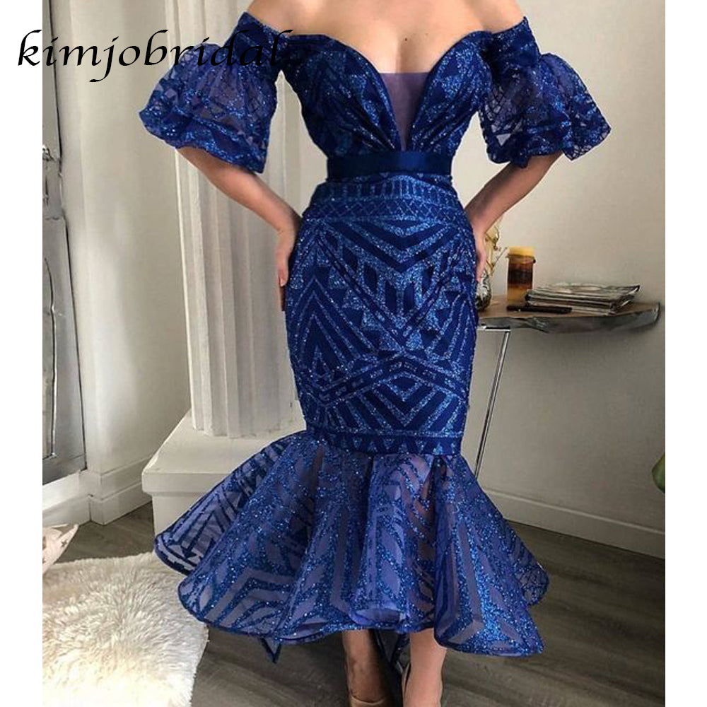 royal blue evening dresses short sparkle off the shoulder mermaid elegant evening gowns 2020
