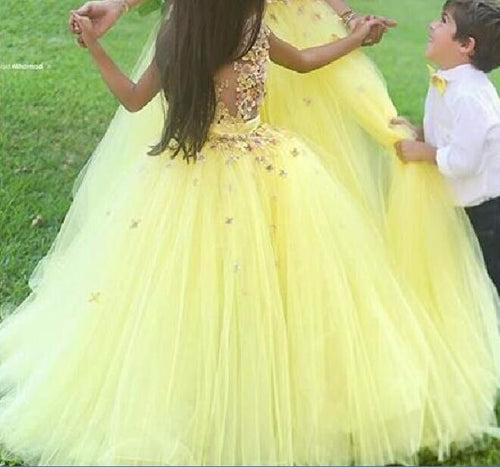 yellow flower girl dresses for weddings 2020 handmade flowers tulle cheap kids prom ball gown
