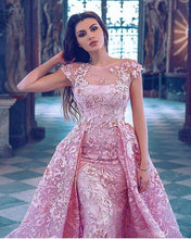 Load image into Gallery viewer, detachable skirt pink prom dresses 2021 cap sleeve lace applique luxury elegant prom gown vestidos