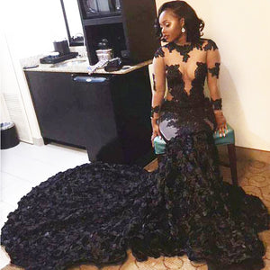 long sleeve black evening dresses 2021 lace applique mermaid floral modest elegant formal gown 2022