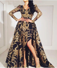 Load image into Gallery viewer, black and gold prom dresses with detachable skirt vintage long sleeve sparkly arabic prom gown