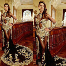 Load image into Gallery viewer, vintage evening dresses long sleeve black and gold lace appliqué mermaid beaded formal evening gown